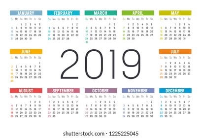Year 2019 minimalist colorful calendar, on white background.