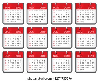 Year 2019 monthly calendar vector illustration, simple and clean design. 