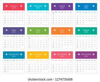 Year 2019 monthly calendar vector illustration, simple and clean design. 