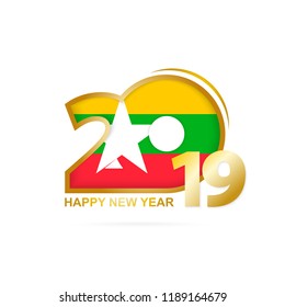 Year 2019 with Myanmar Flag pattern. Happy New Year Design. Vector Illustration.