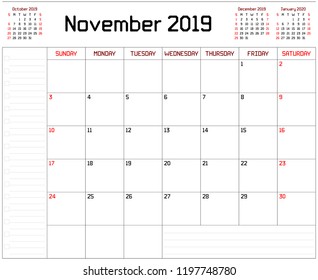 Year 2019 November planner - A monthly planner calendar for November 2019 on white background. A custom straight lines thick font is used.