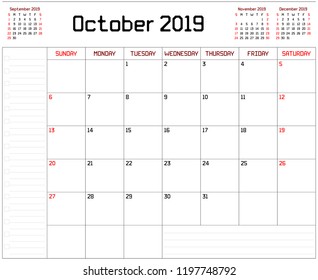 Year 2019 October planner - A monthly planner calendar for October 2019 on white background. A custom straight lines thick font is used.