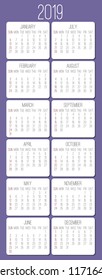 Year 2019 plain contemporary vector monthly calendar. Week starting from Sunday. Beige rounded rectangles over purple background.