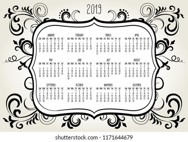 Year 2019 plain contemporary vector monthly calendar. Week starting from Sunday. Ornate elegant frame design in black over white background.