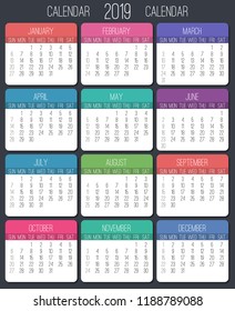 Year 2019 plain contemporary vector monthly calendar. Week starting from Sunday. Multicolor modern design over gray background.
