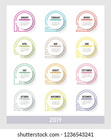 Year 2019 plain contemporary vector monthly calendar. Week starting from Sunday. Multicolor modern design.