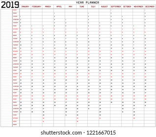Year 2019 Planner - An annual planner calendar for the year 2019 on white background. A custom straight lines thick font is used.