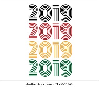 Year 2019 retro font. Vector with year for birthday in black, red, orange and green.