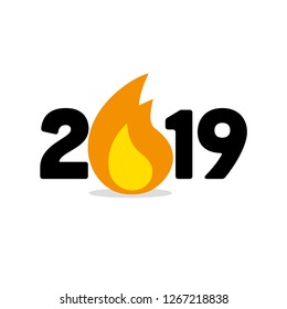 Year 2019 Typography Concept Design with Fire Flame