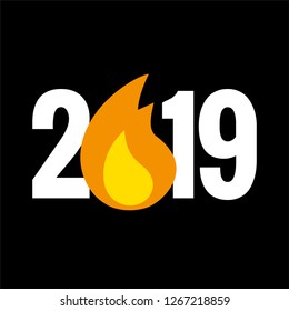 Year 2019 Typography Concept Design with Fire Flame