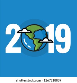 Year 2019 Typography Concept Design with Planet Earth Illustration