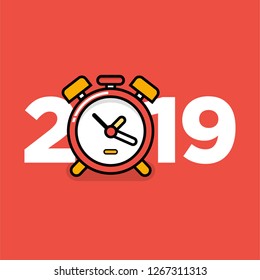 Year 2019 Typography Concept Design with Alarm Clock