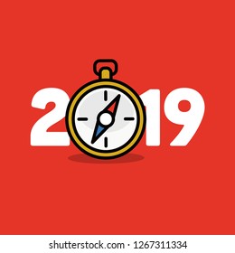 Year 2019 Typography Concept Design with Compass Illustration