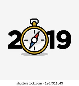 Year 2019 Typography Concept Design with Compass Illustration