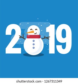 Year 2019 Typography Concept Design with Snowman Illustration