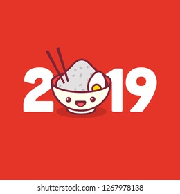 Year 2019 Typography Concept Design with Rice Bowl