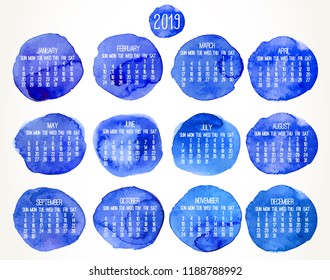Year 2019 vector monthly calendar. Week starting from Sunday. Hand drawn blue watercolor paint circle artsy design over white background.