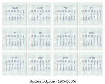 Year 2019 vector monthly calendar on a chequered notebook page. Week starting from Sunday. Hand written typography.