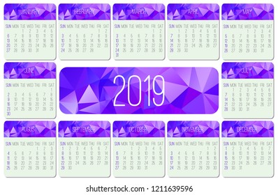 Year 2019 vector monthly calendar. Week starting from Sunday. Contemporary low poly design in purple color.