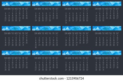 Year 2019 vector monthly calendar. Week starting from Sunday. Contemporary blue low poly design over dark gray background.
