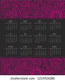 Year 2019 vector monthly calendar with lacy doodle ornate hand drawn florals, week starting from Sunday. Pink design over dark gray background.