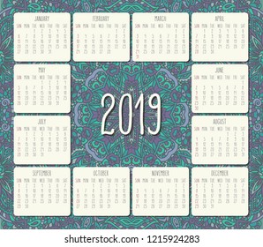 Year 2019 vector monthly calendar over light teal and purple doodle ornate hand drawn background, week starting from Sunday.