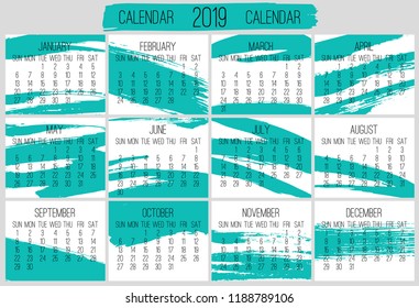 Year 2019 vector monthly modern calendar. Week starting from Sunday. Contemporary hand drawn brush stroke frame design in teal blue and white.