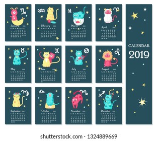 Year 2019 zodiac calendar vector template. Yearly calendar showing months with twelve cute cats astrological signs. Week starts on Sunday.