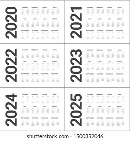 Year 2020 2021 2022 2023 2024 2025 calendar vector design template, simple and clean design