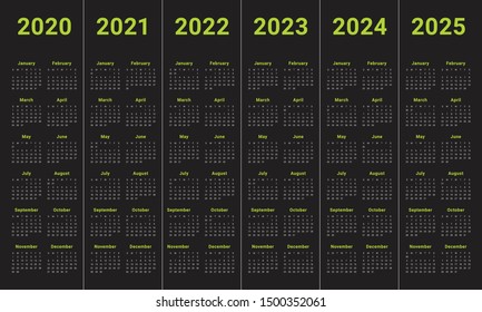 Year 2020 2021 2022 2023 2024 2025 calendar vector design template, simple and clean design