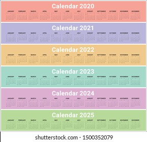 Year 2020 2021 2022 2023 2024 2025 calendar vector design template, simple and clean design