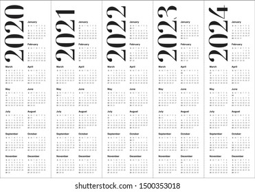 Year 2020 2021 2022 2023 2024 calendar vector design template, simple and clean design