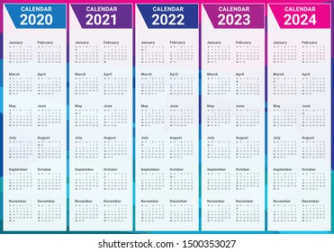 Year 2020 2021 2022 2023 2024 calendar vector design template, simple and clean design