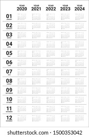 Year 2020 2021 2022 2023 2024 calendar vector design template, simple and clean design