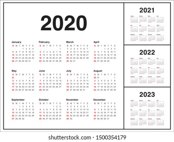 2023 Calendar Vector Year 2020 2021 2022 2023 Calendar Stock Vector Royalty Free 1500354179 Shutterstock