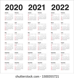 Year 2020 2021 2022 Calendar Vector Stock Vector (Royalty Free ...