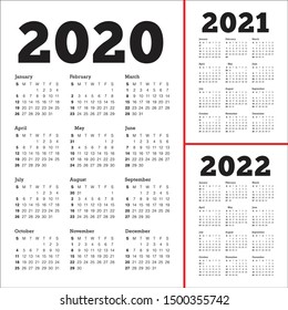 Year 2020 2021 2022 calendar vector design template, simple and clean design