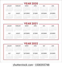 Year 2020 2021 2022 calendar vector design template, simple and clean design