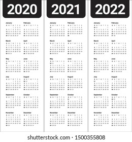 Year 2020 2021 2022 calendar vector design template, simple and clean design