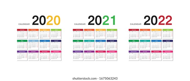 Design-Vorlage für die Kalenderjahre 2020 und 2021 und 2022 für die Vektorillustration, einfach und sauber. Kalender für 2021 und 2022 über den weißen Hintergrund für Organisation und Wirtschaft. Die Woche beginnt Montag. 