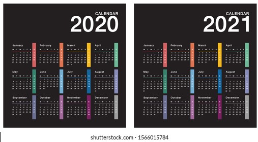 Plantilla de diseño horizontal del calendario 2020 y Año 2021, diseño simple y limpio. Calendario para 2020 y Año 2002 en ％ 020ฺ Fondo Negro para organización y negocio. La semana empieza el lunes.