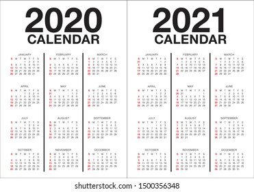 Year 2020 2021 calendar vector design template, simple and clean design