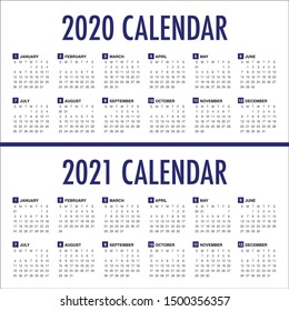 Year 2020 2021 calendar vector design template, simple and clean design