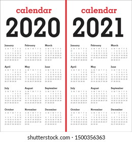 Year 2020 2021 calendar vector design template, simple and clean design