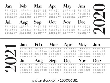 Year 2020 2021 calendar vector design template, simple and clean design