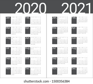 Year 2020 2021 calendar vector design template, simple and clean design