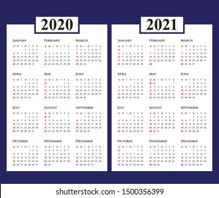 Year 2020 2021 calendar vector design template, simple and clean design