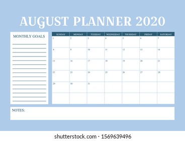 Year 2020 August planner, monthly planner calendar for August 2020 , trendy colour palette. 
