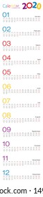 Year 2020 Calendar, 2 weeks line for different design. Vector calendar.