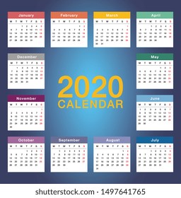 Year 2020 calendar horizontal vector design template, simple and clean design. Calendar for 2020 on White Background for organization and business. Week Starts Monday.